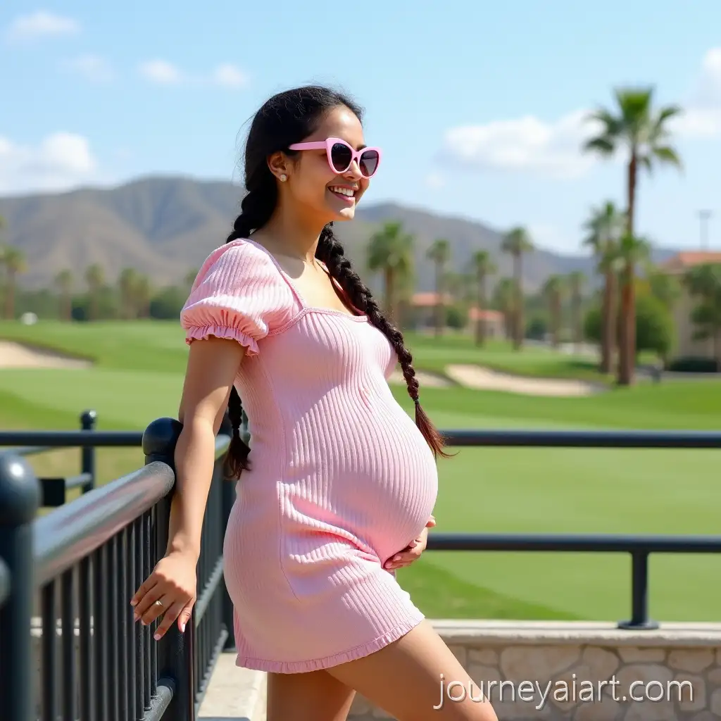 Young-Pregnant-Woman-Relaxing-on-a-Sunny-Golf-Course-in-a-Pink-DressPregnant-woman-on-golf-course
