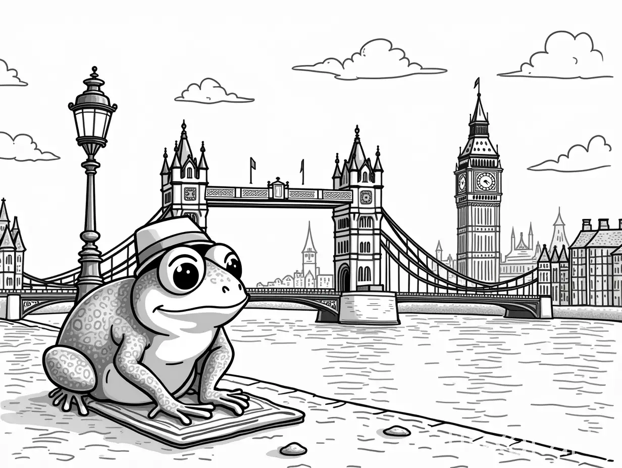 /imagine cartoon coloring book of a frog traveler in London