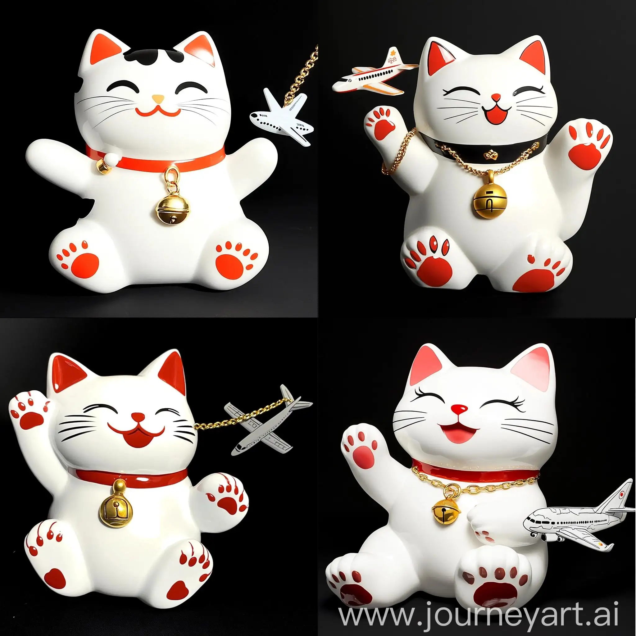 Porcelain-Maneki-Neko-Cat-with-Hello-Kitty-Head-and-Airplane-Pendant