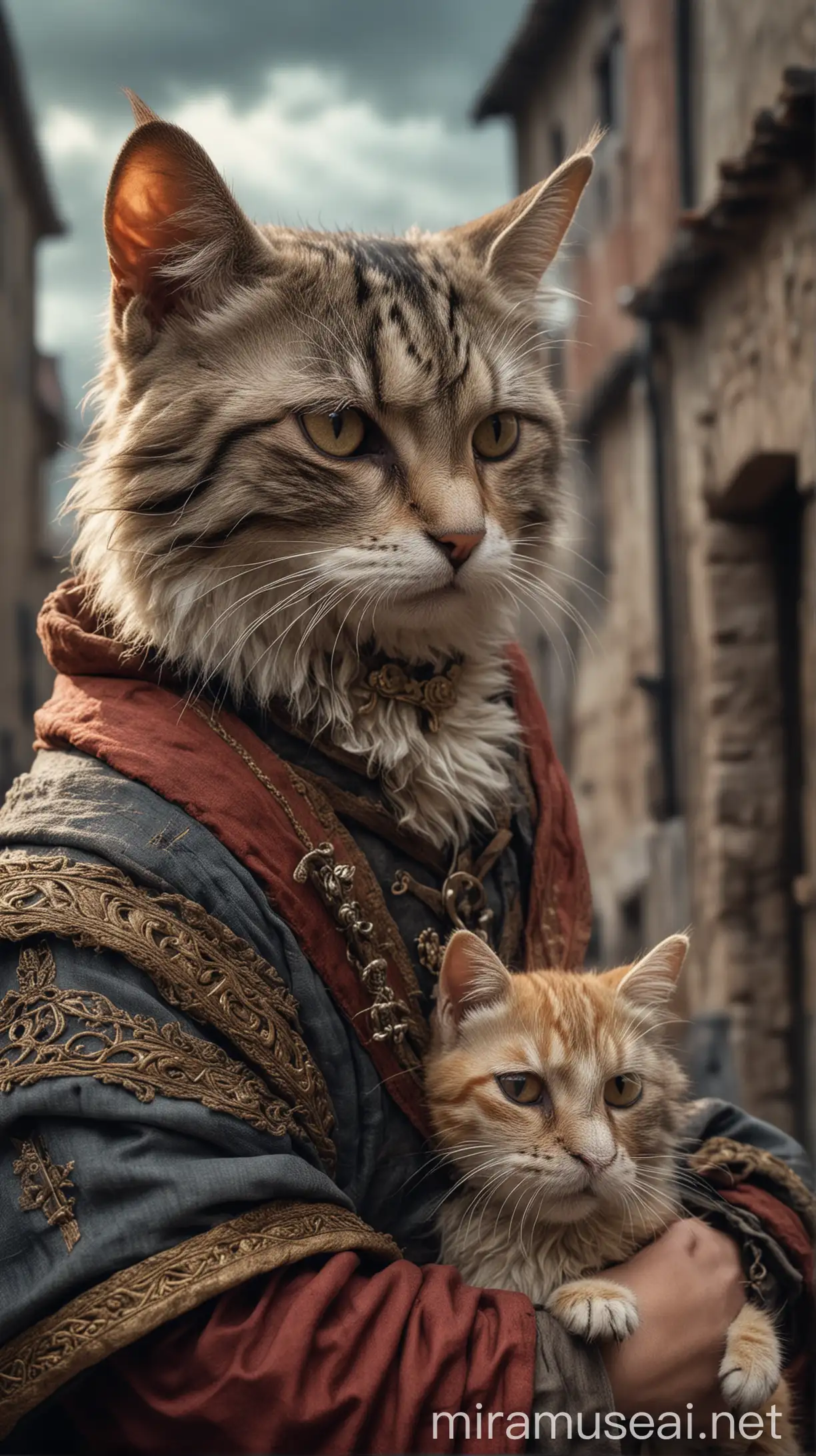 Medieval Villager Holding Cat in Somber Setting