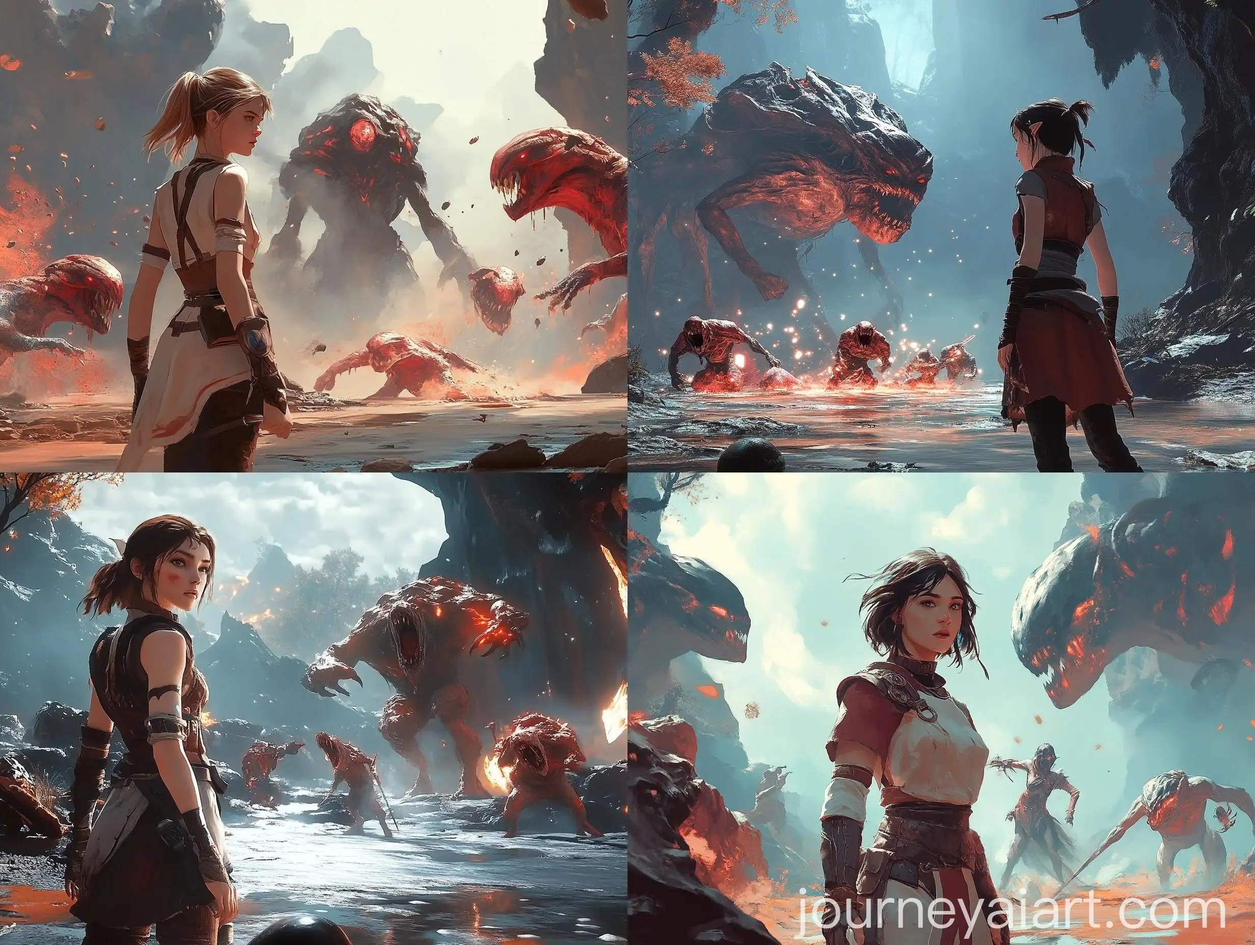 Female-Warrior-Confronts-and-Defeats-Mythical-Creatures