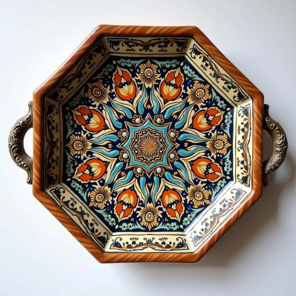 Octagonal with rounded corners ceramic serving dish with embossed beautiful handle, Fine art, Hyper detailed, Antique and old, Qajar art, Iranian Tabriz carpet design