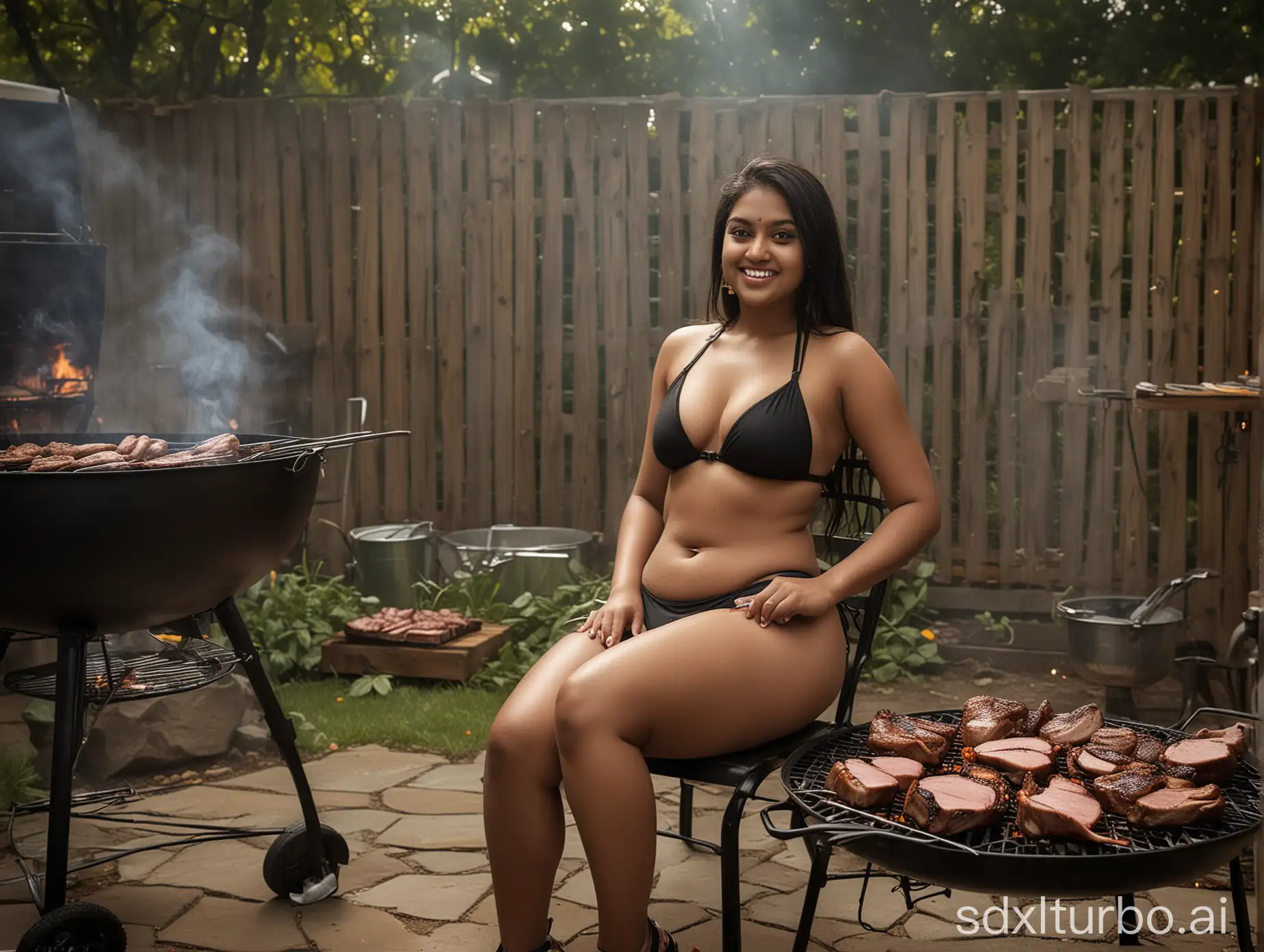 Indian-Woman-Grilling-Pork-Beside-Backyard-Grill