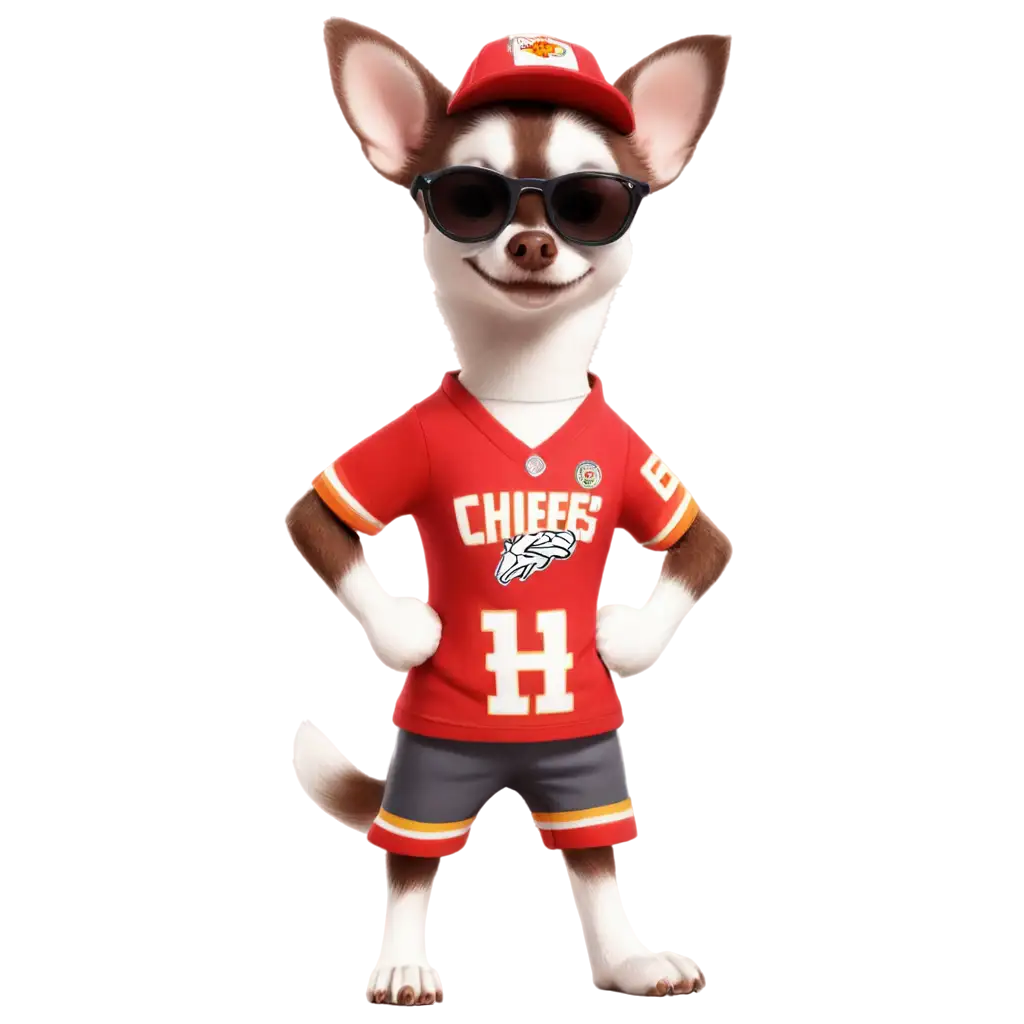 cartoon cute chocolate and white chihuahua standing on hind legs wearing a Kansas City Chiefs jersey and sunglasses