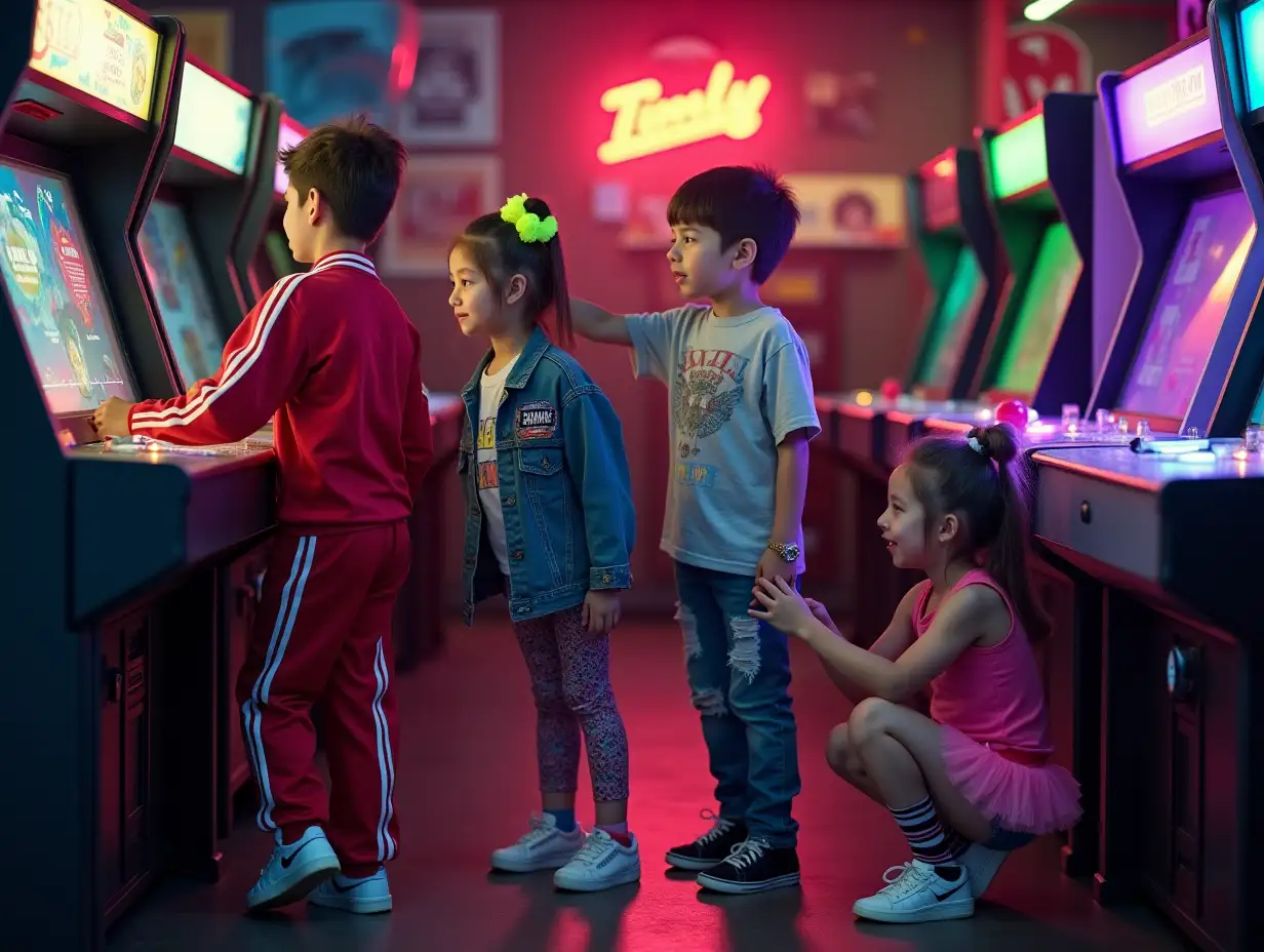 Teenagers-Playing-Retro-Arcade-Games-in-Neonlit-1980s-Setting
