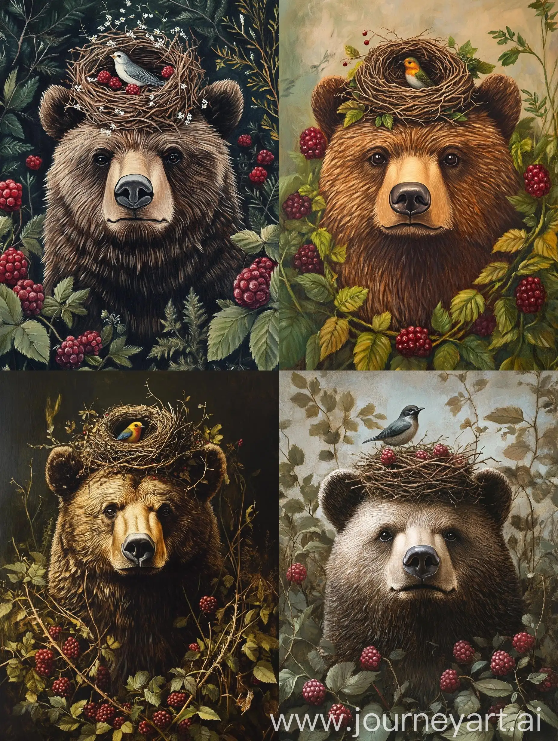 Bear-with-Birds-Nest-Hat-in-Berry-Bushes