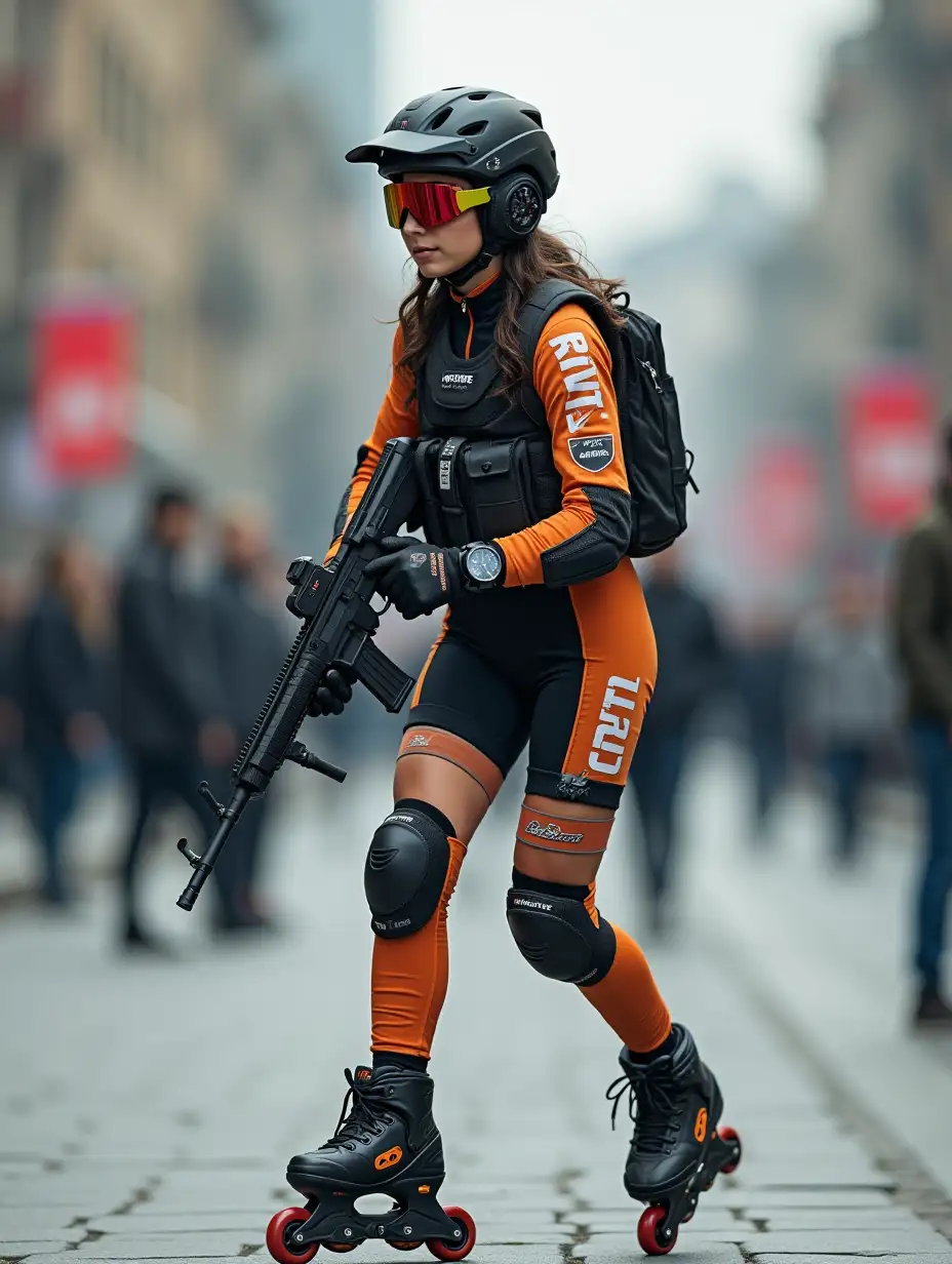 a 17 year old airsoft geared woman at a distance, she is skating on a street, holding a weapon, ordinary people in background, clothes have racing colors, she is wearing lots of functional sportswear, cycling gloves, airsoft helmet with transparent visor over eyes, smartwatch, thick plastic knee pads, modern inline skates with complete organized wheels