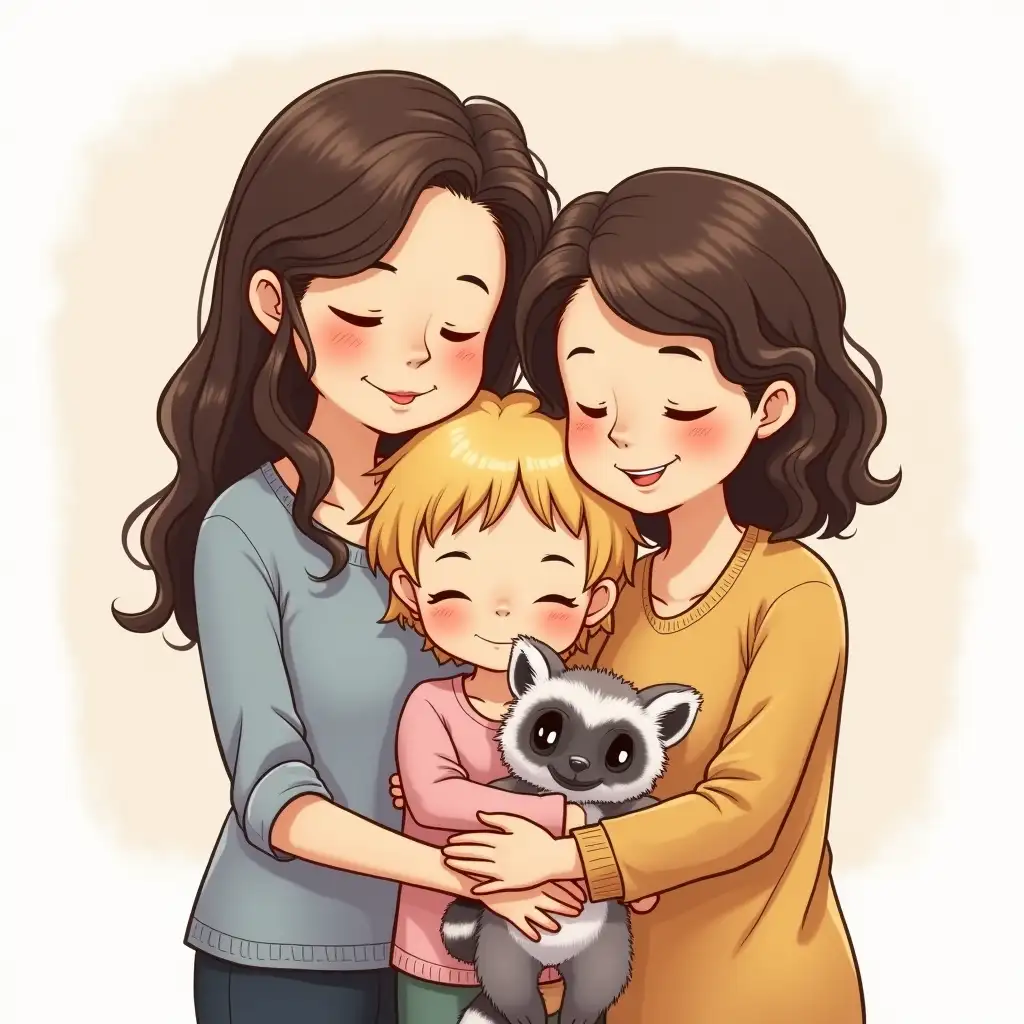 Little girl aged three, blonde, short hair, holding a stuffed toy lemur, mother of the girl with long dark hair, aunt of the girl, dark brown medium curly hair, all three hugging and the girl holds her lemur in her arms, should be an uncolored drawing