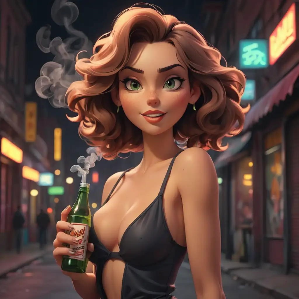 Neon-Street-Scene-with-Beautiful-Woman-Holding-Bottle-in-Smoke