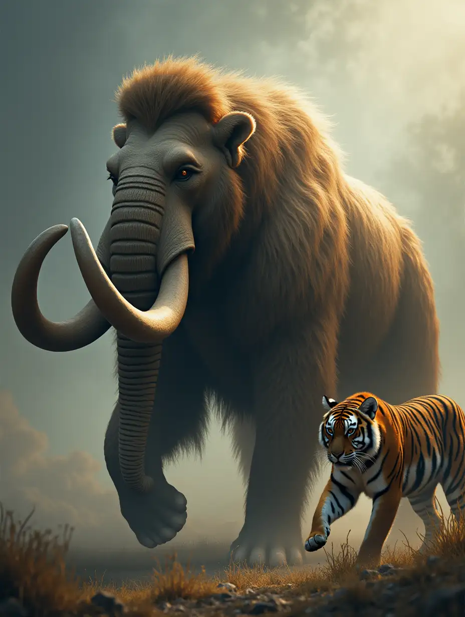 As they collided, a subtle, ethereal light surrounded them, uniting their forms - a majestic hybrid creature with the head of a mammoth, massive, formidable curved tusks, and a body. A tiger's agile, muscular muscles contrast with its sleek, striped body.