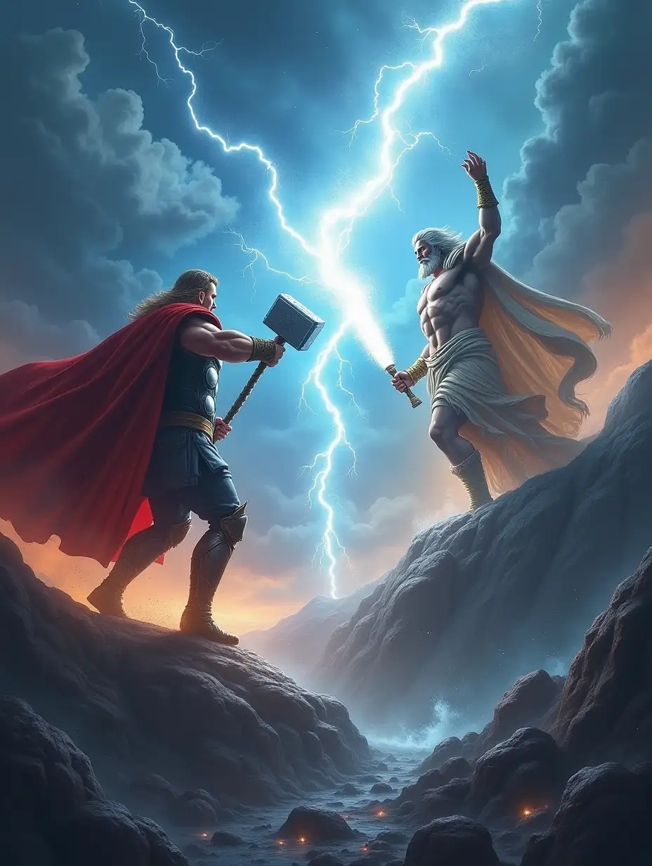 A grand battle scene between Thor, the Norse God of Thunder, and Zeus, the Greek King of the Gods, set on a stormy mountaintop. Thor, representing the warrior's spirit, courage, and loyalty, wields his mighty hammer Mjölnir, surrounded by roaring thunder and lightning. Opposite him stands Zeus, embodying wisdom, supreme power, and control, holding his radiant thunderbolt, commanding the storm with regal authority. The battlefield is split by their clashing energies, symbolizing the philosophical conflict between raw strength and strategic mastery, with swirling clouds and flashes of lightning illuminating their intense standoff