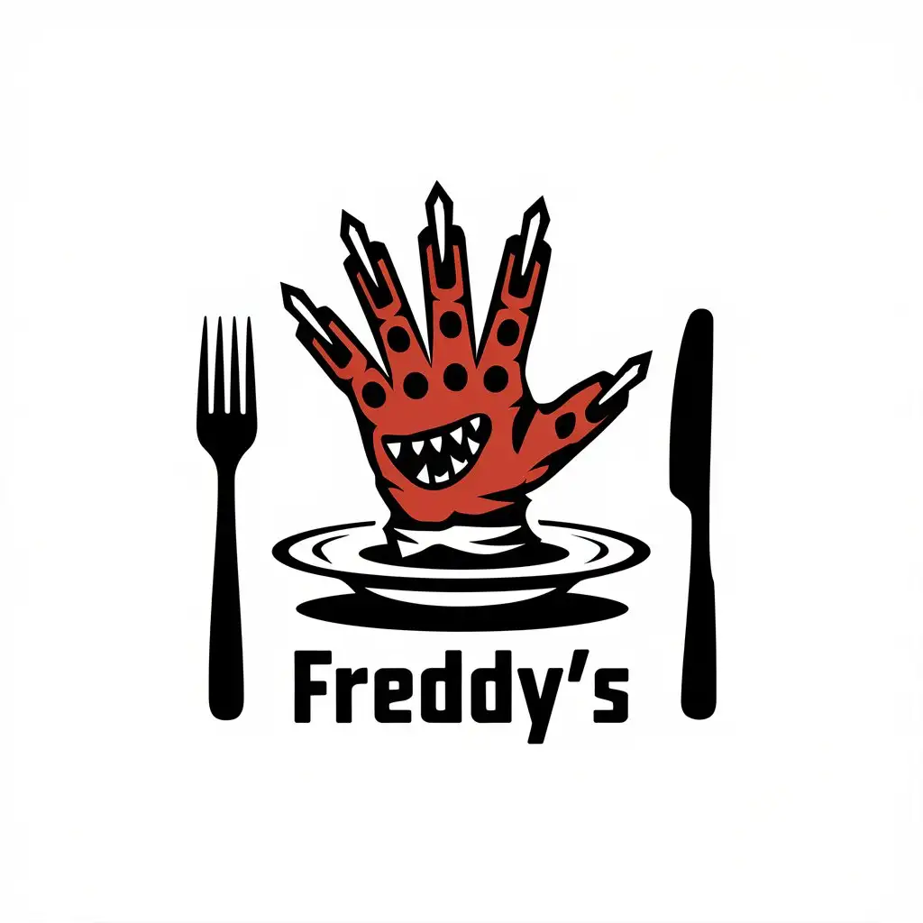 a vector logo design,with the text "Visiting Freddy's", main symbol:Freddy Krueger's glove with five fingers, blades on all fingers,complex,be used in Restaurant industry,clear background