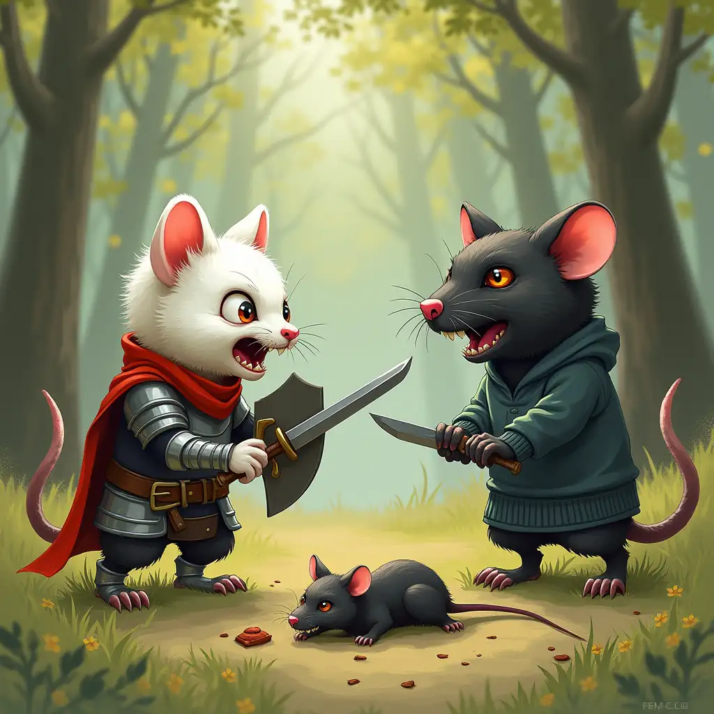 Background - summer forest. A small angry white humanoid kitten in knightly armor, with a shield in the left hand, and a sword in the right. The kitten is fending off two large humanoid black rats. The rats have bared teeth, dressed in hoodies. Both rats in their right paws are holding knives, one of them has no tail. One dead humanoid rat in a hoodie lies on the ground, paws upwards. Two rat paws stick out from below the picture, the right one holds a club. Cute drawing.