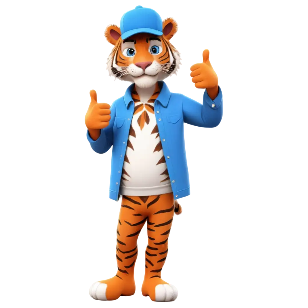 3D-Realistic-Tiger-Mascot-PNG-Image-Tiger-Mascot-Wearing-Hat-and-Blue-Shirt-Giving-Thumbs-Up