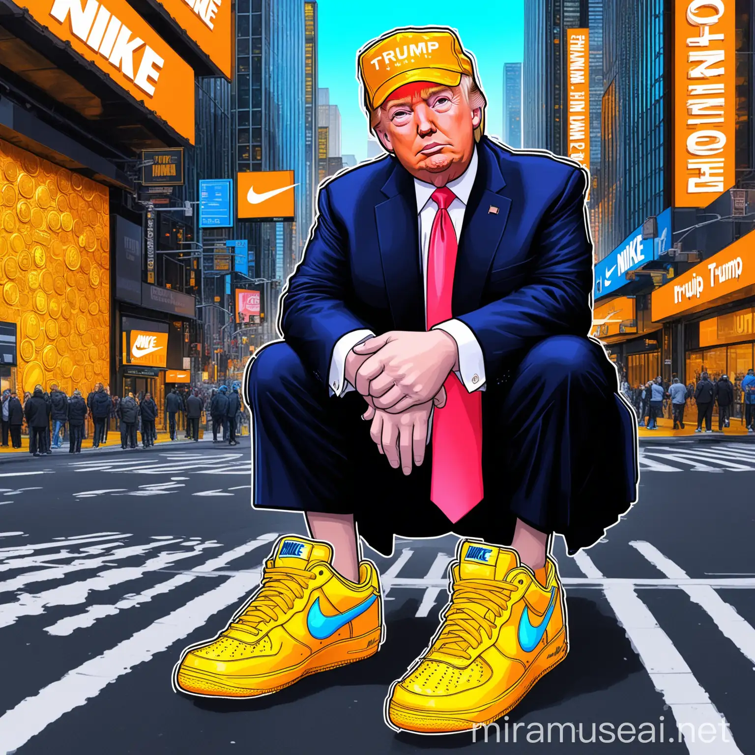 Donald Trump Sporting Neon Nike Sneakers in a Futuristic Bitcoin City