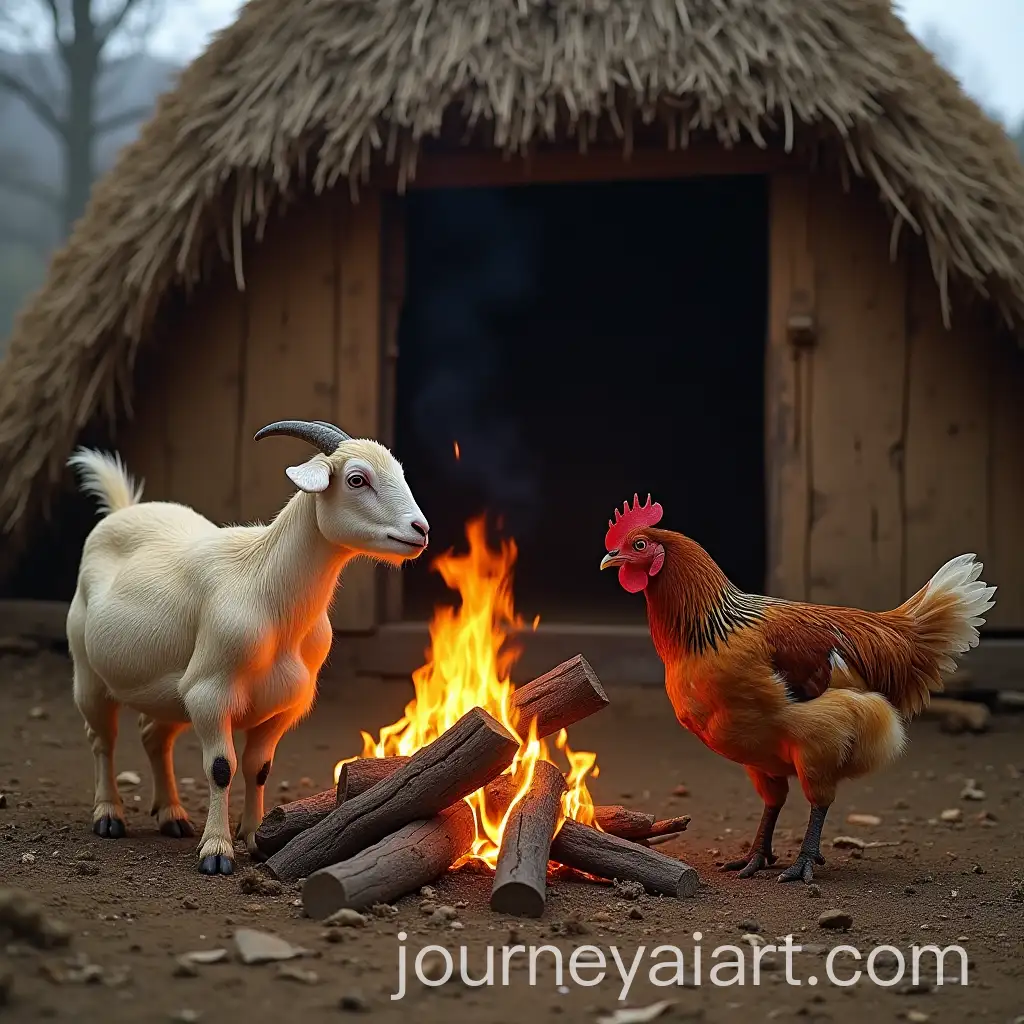 Goats-and-Chickens-Pushing-Burning-Wood-in-Front-of-a-Hut