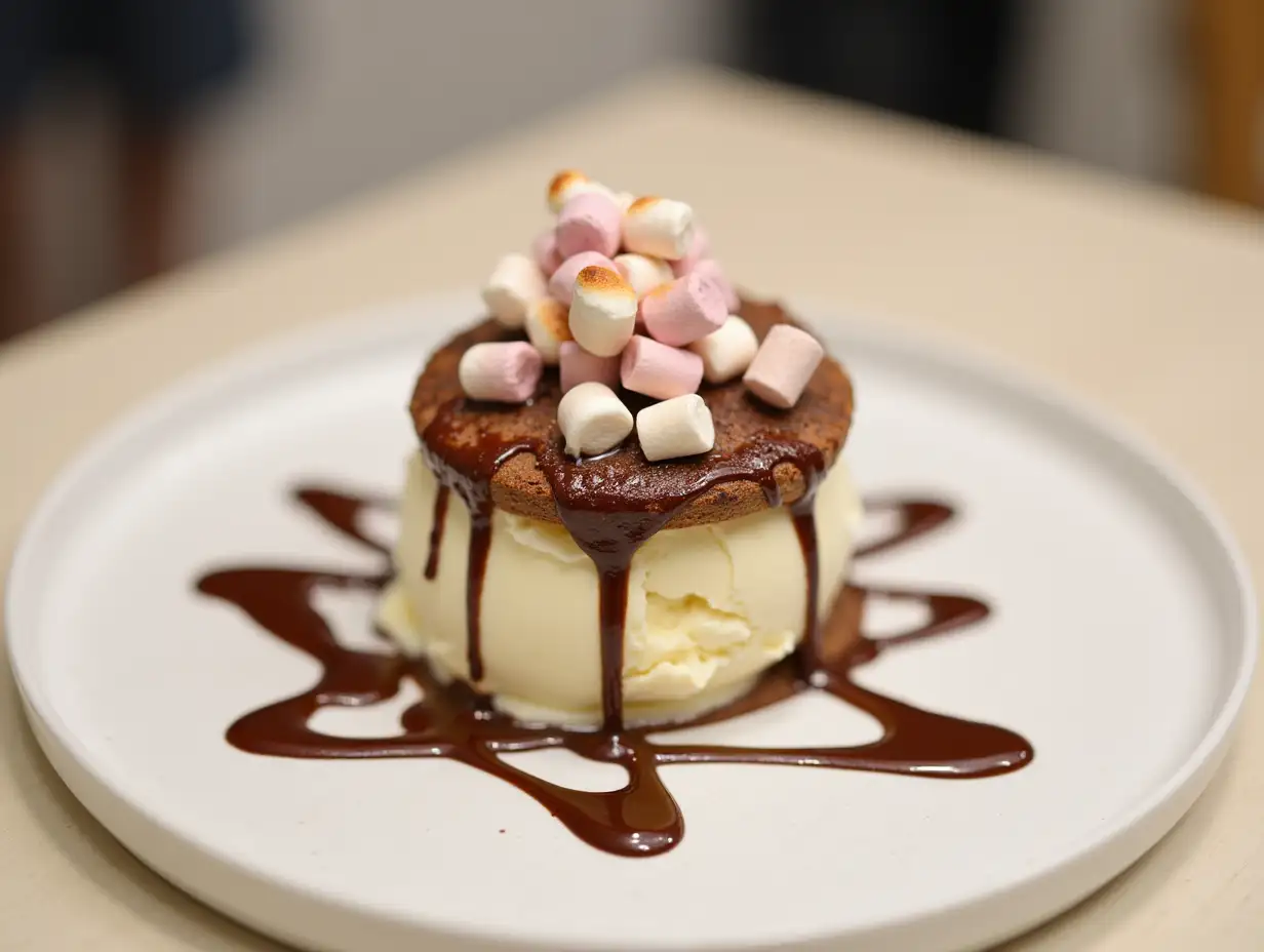 A dessert with chocolate and marshmallows on top of a bowl of ice cream. The dessert is served on a white plate and is topped with chocolate sauce