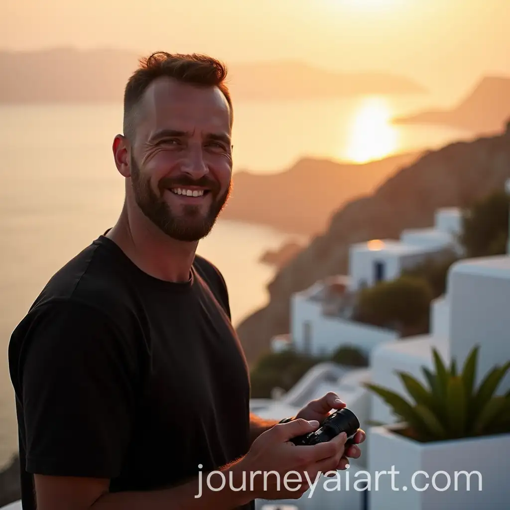 Man-with-Small-Camera-Capturing-Sunrise-Over-Seaside-Village