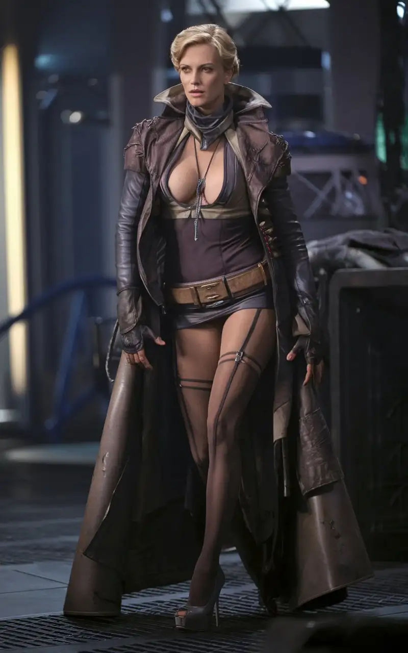 Cinematic-Alien-Film-Scene-Charlize-Theron-as-Main-Villain-in-Stockings-Miniskirt-Deep-Neckline-High-Heels