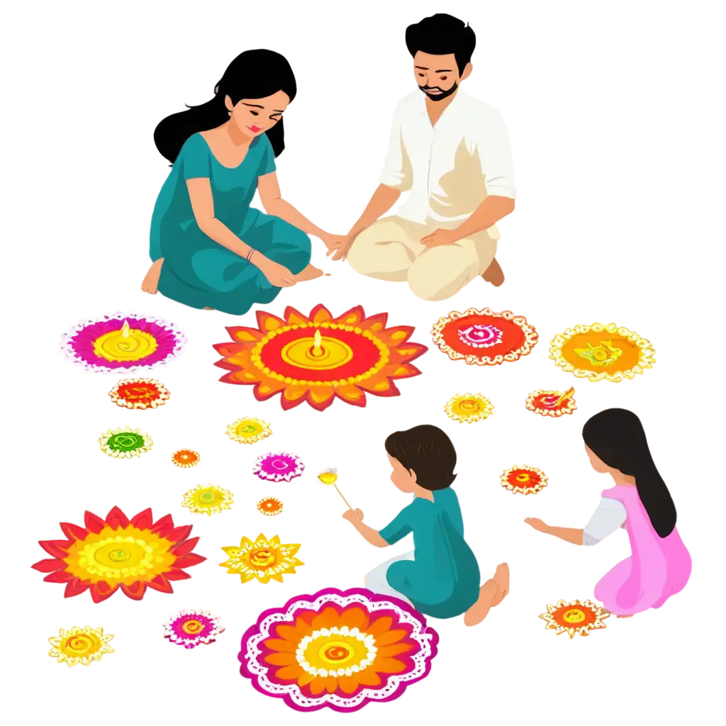 Family-Celebrating-Diwali-Festival-PNG-Image-of-Rangoli-Diyas-and-Firecrackers