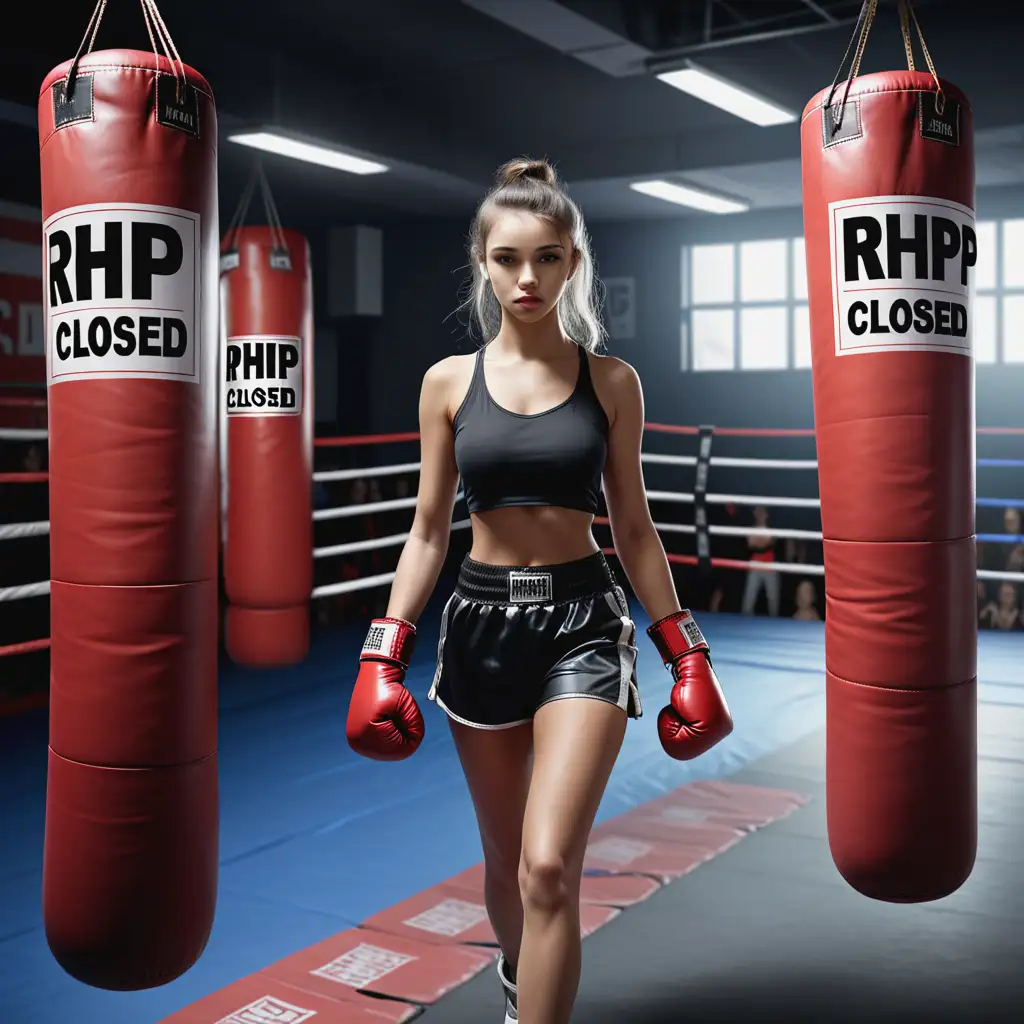 Beautiful girl walking in ring boxing area, hold poster texted 'RHPP' 'CLOSED off'