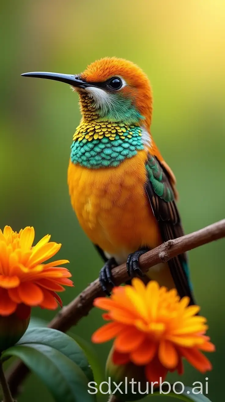 Vivid-OrangeYellow-Hummingbird-Perched-Among-Turquoise-Feathers-and-Floral-Clusters