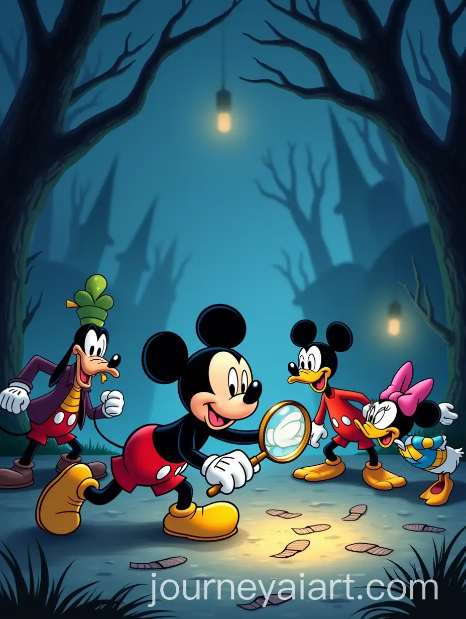 Mickey-Mouse-and-Friends-Solving-a-Mystery-in-a-Foggy-Night-Setting