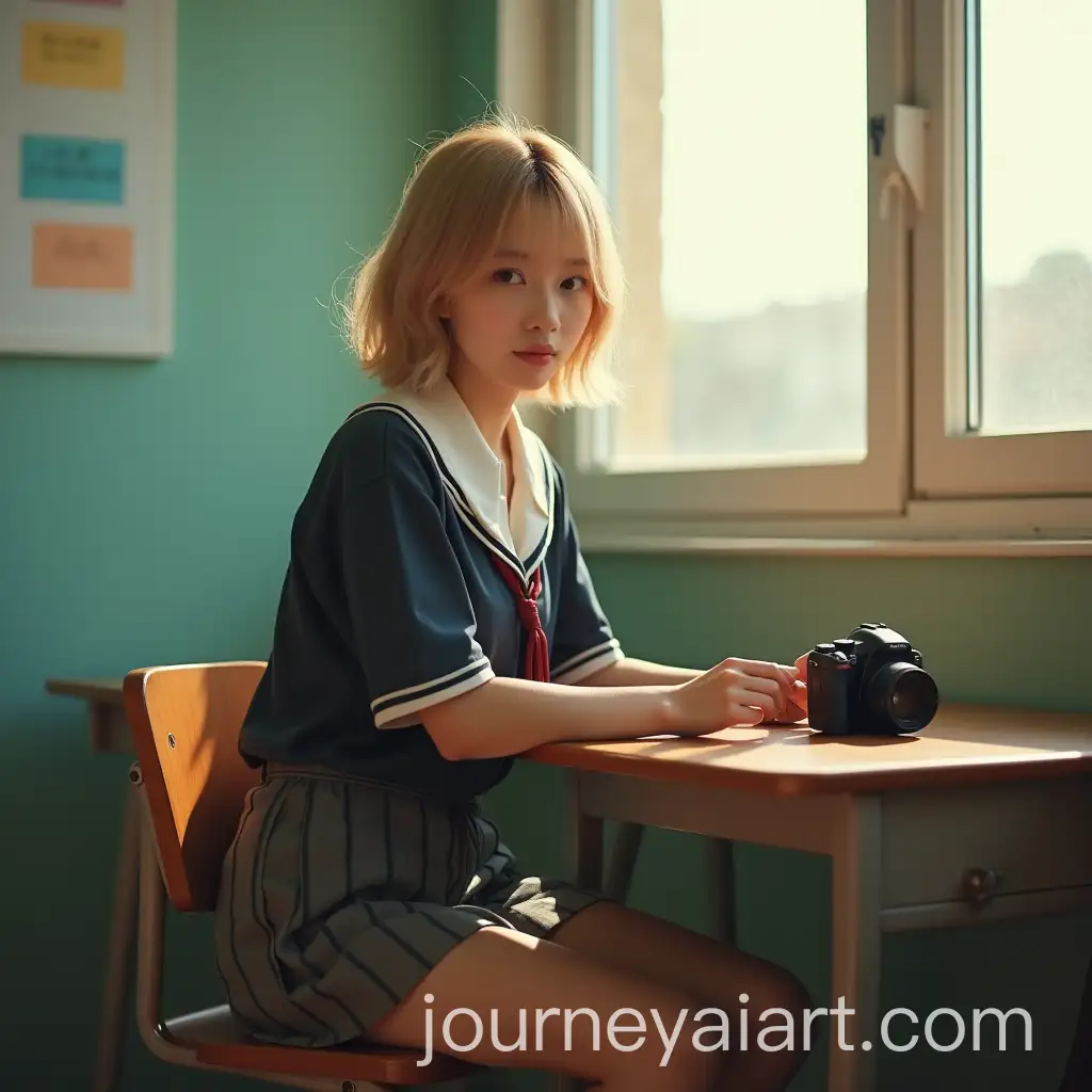 Kpop-Idol-Sitting-on-School-Desk-with-Camera-in-Morning-Light