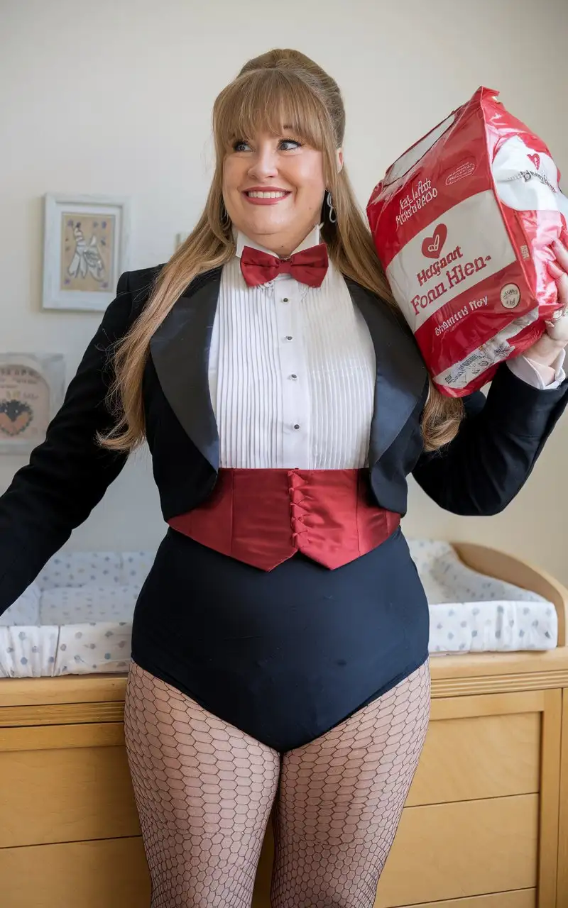 MiddleAged-Caucasian-Woman-in-Formal-Tuxedo-Holding-Huggies-Diapers-in-Nursery