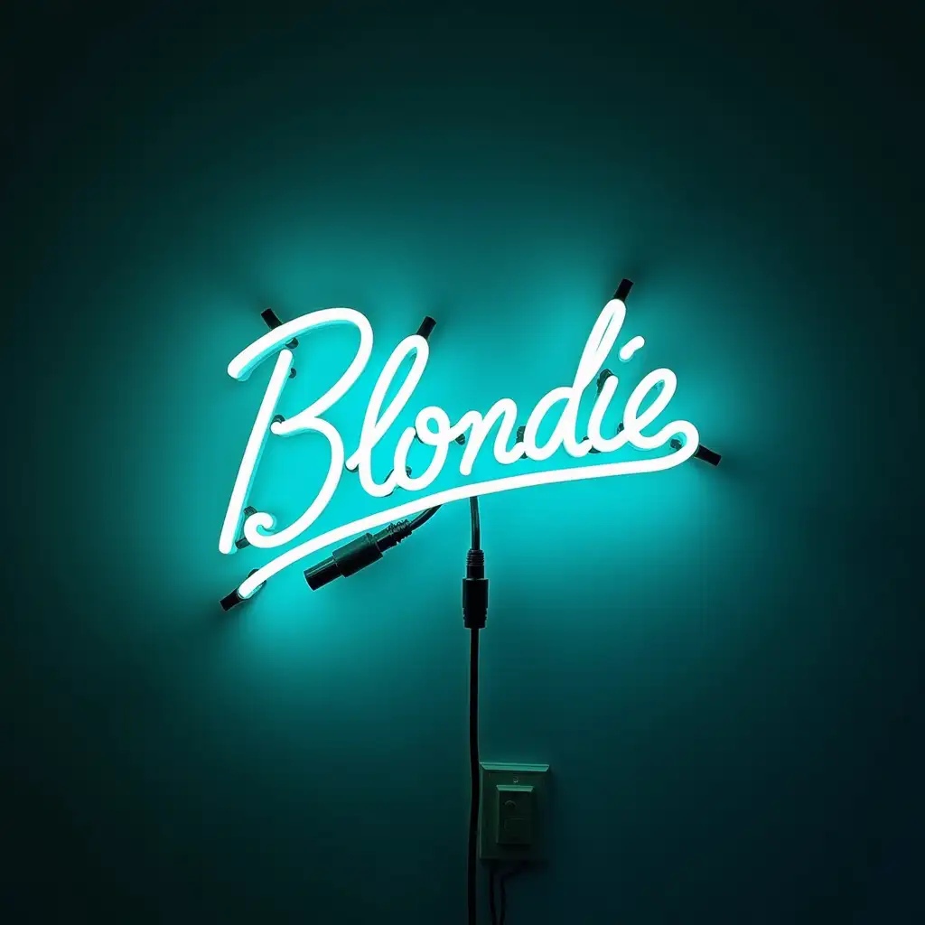 Create an aqua neon light with the logo for the rock band "BLONDIE" based on their classic script logo. All the fixtures and electrical connections of the neon are visible.