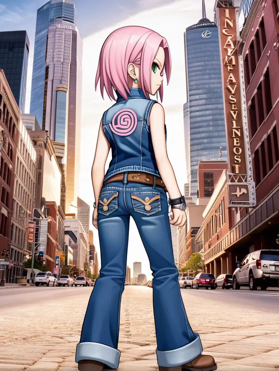 anime, chibi, sakura haruno from naruto, green eyes, dressed in denim vest, full length wide leg denim bell bottoms jeans, belt, cowboy boots, earrings, necklace, city of nashville background, inspired by masashi kishimoto, see from back