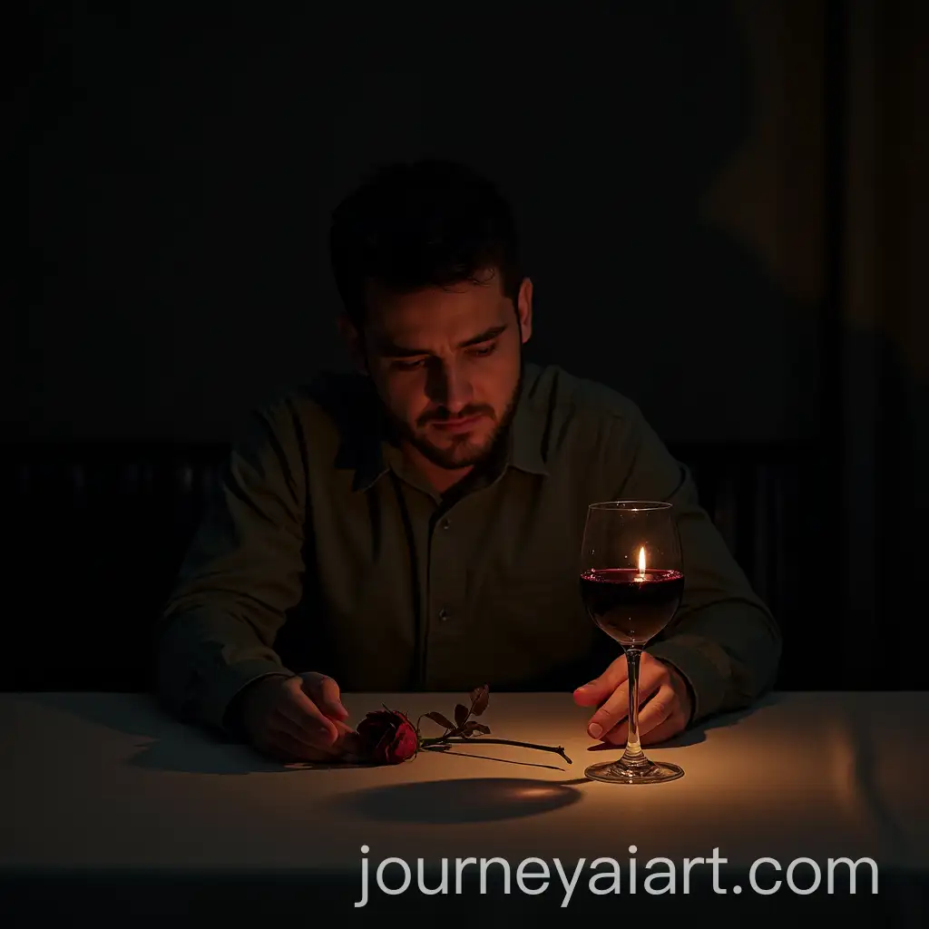 Somber-Man-Alone-with-Wine-and-Wilted-Rose-in-Dimly-Lit-Room