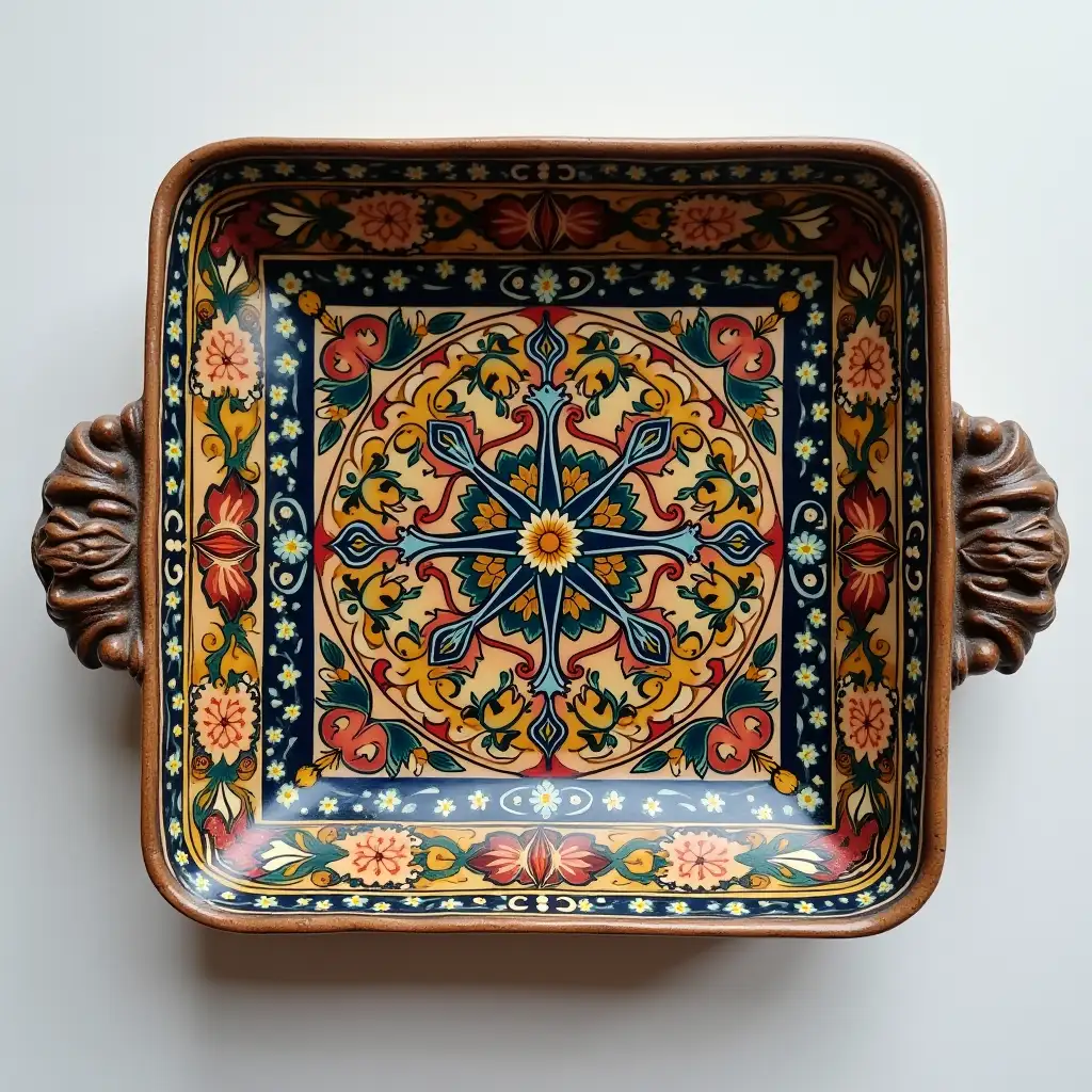 Square with rounded corners ceramic serving dish with embossed beautiful handle, antique and old, Qajar art, Iranian Tabriz carpet design