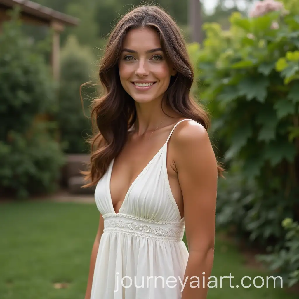 Attractive-Green-Eyed-Brown-Haired-Lady-in-Low-Cut-Cotton-Dress-Smiling-in-Garden