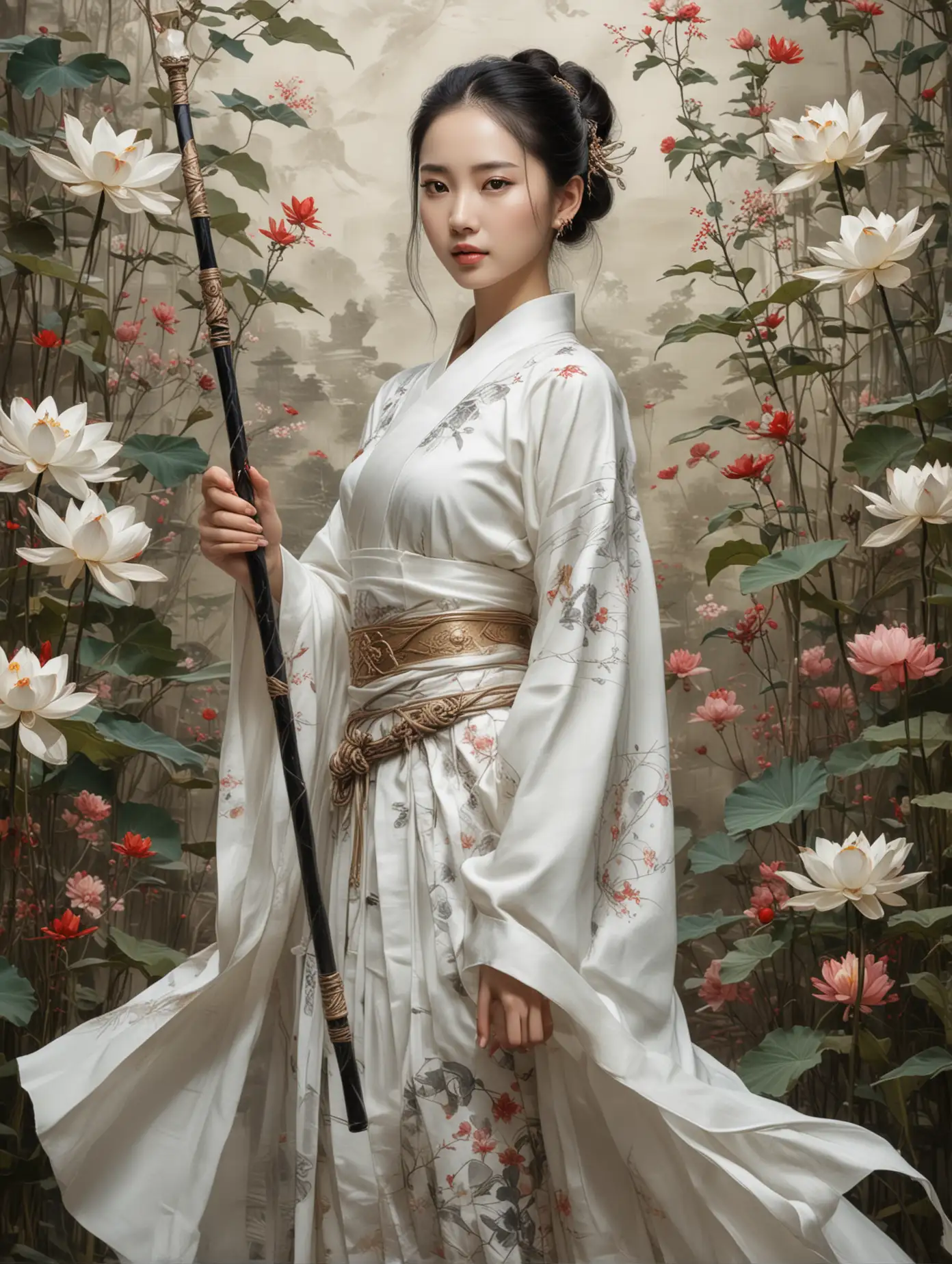 Eye level view, beauty liu yi fei, wearing white medieval dress outfit costume holding magical staff, ancient Japan ink painting, vintage scrolls, Ukiyo-e art mixture with Cubism art, colorful, gorgeous, dynamic battle pose position, lotus flowers, large watch, vines, chinese culture symbols