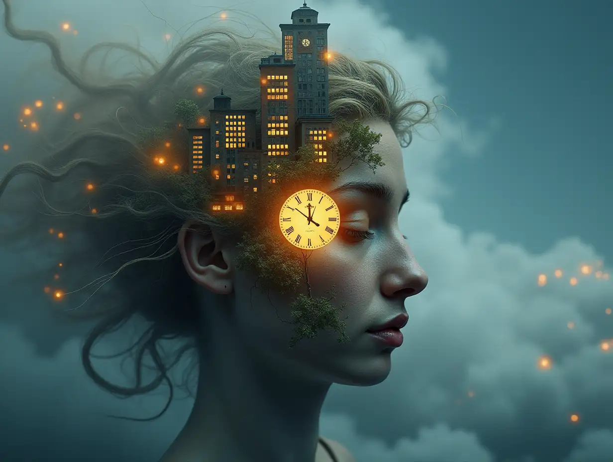 Face with hair transforms into a building with lit up clock and roots on clouds