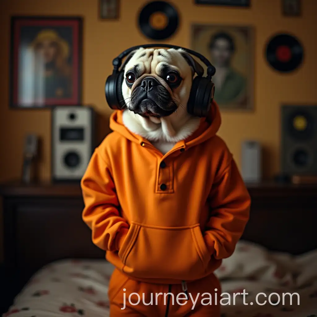 White-Pug-with-Human-Body-Enjoying-Music-in-a-Vintage-Bedroom