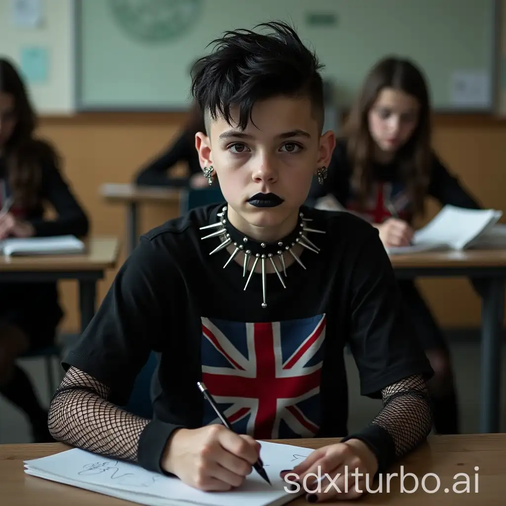 Gothic-12YearOld-Boy-with-Black-Lipstick-and-British-Flag-Shirt-in-Detention