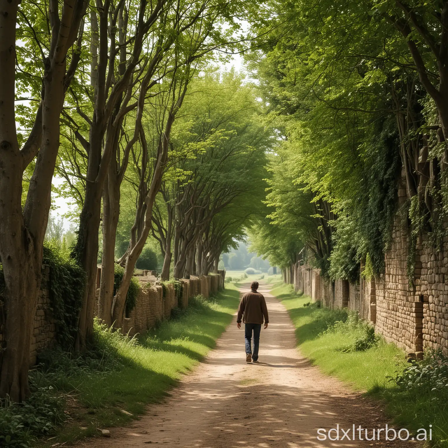 Man-Walking-on-a-Village-Path-Surrounded-by-Trees