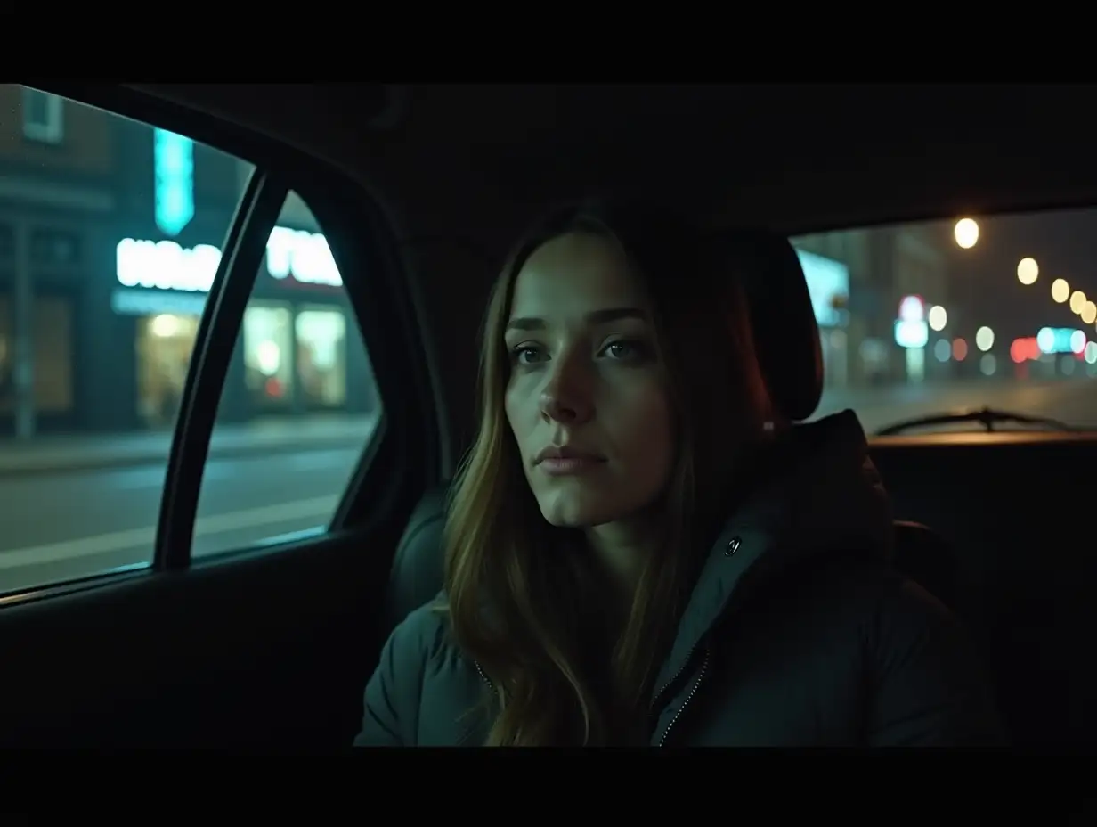 Lonely-Woman-in-Taxi-on-Dimly-Lit-City-Street