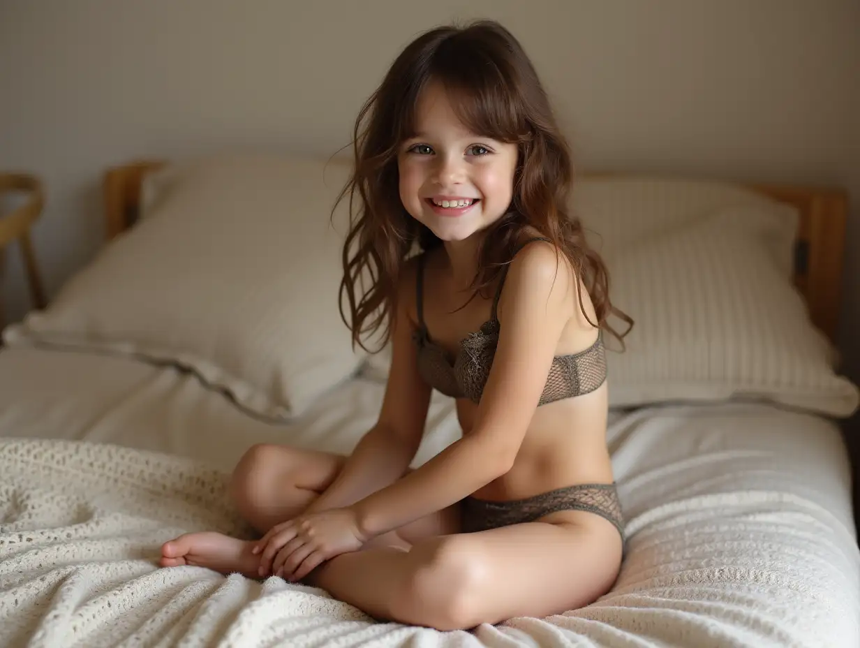 Petite-Young-Girl-with-Brown-Hair-in-Bikini-Sitting-on-Bed-with-Fishnet-Knit-Details