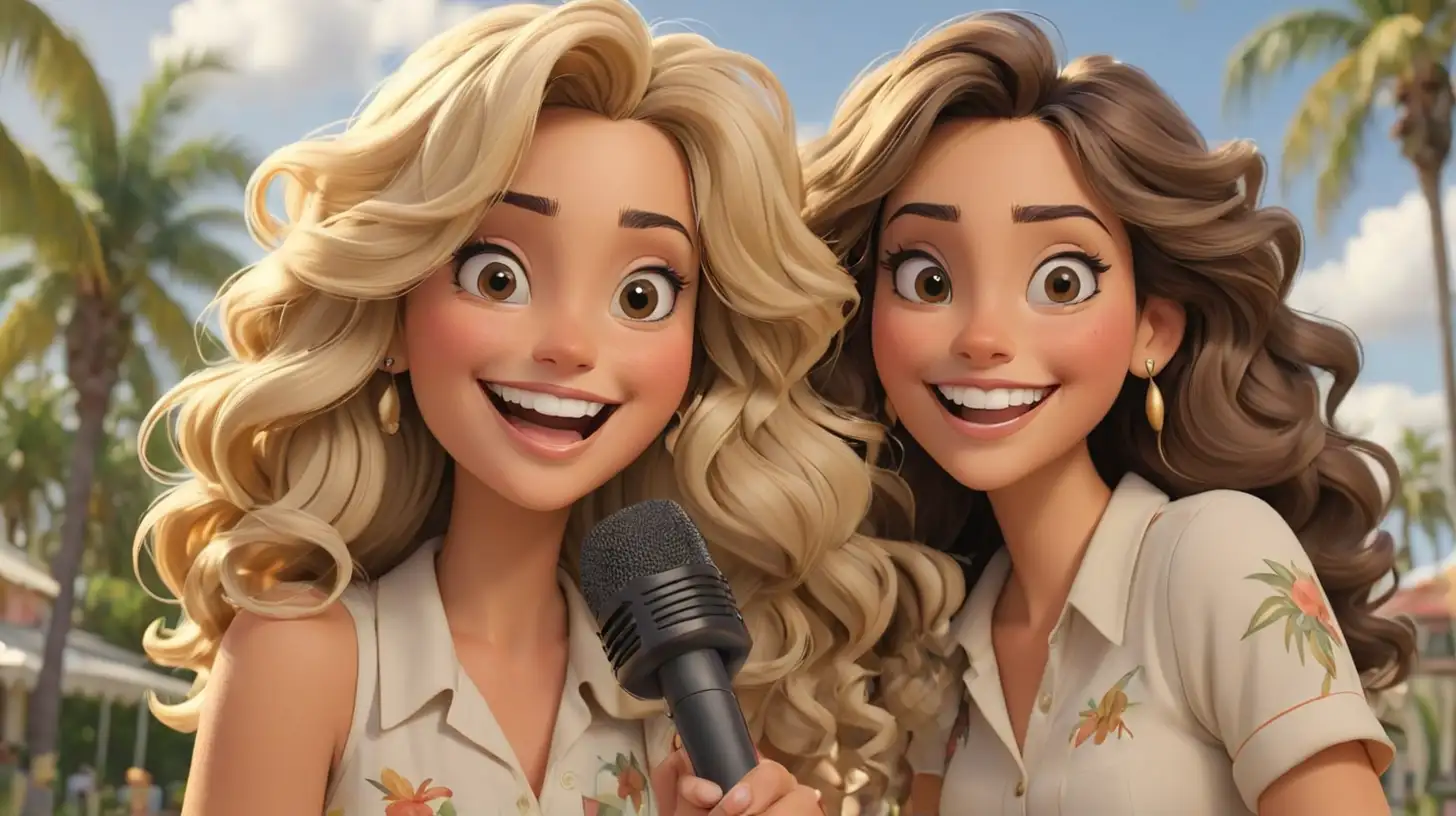 Cartoon DisneyStyle Interview with Joyful Blonde and Latina Brunette