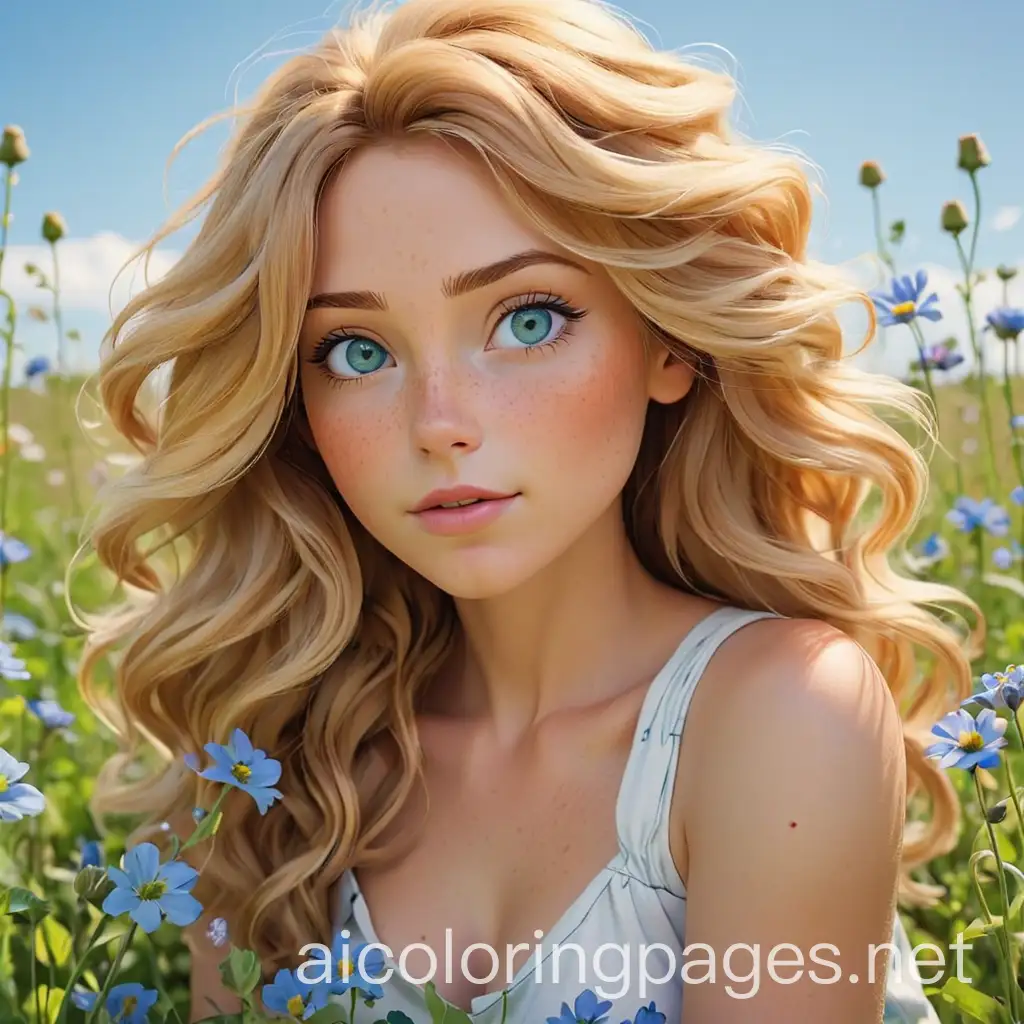 Blonde-Woman-in-Blue-Flower-Field-Smelling-Flower-Coloring-Page