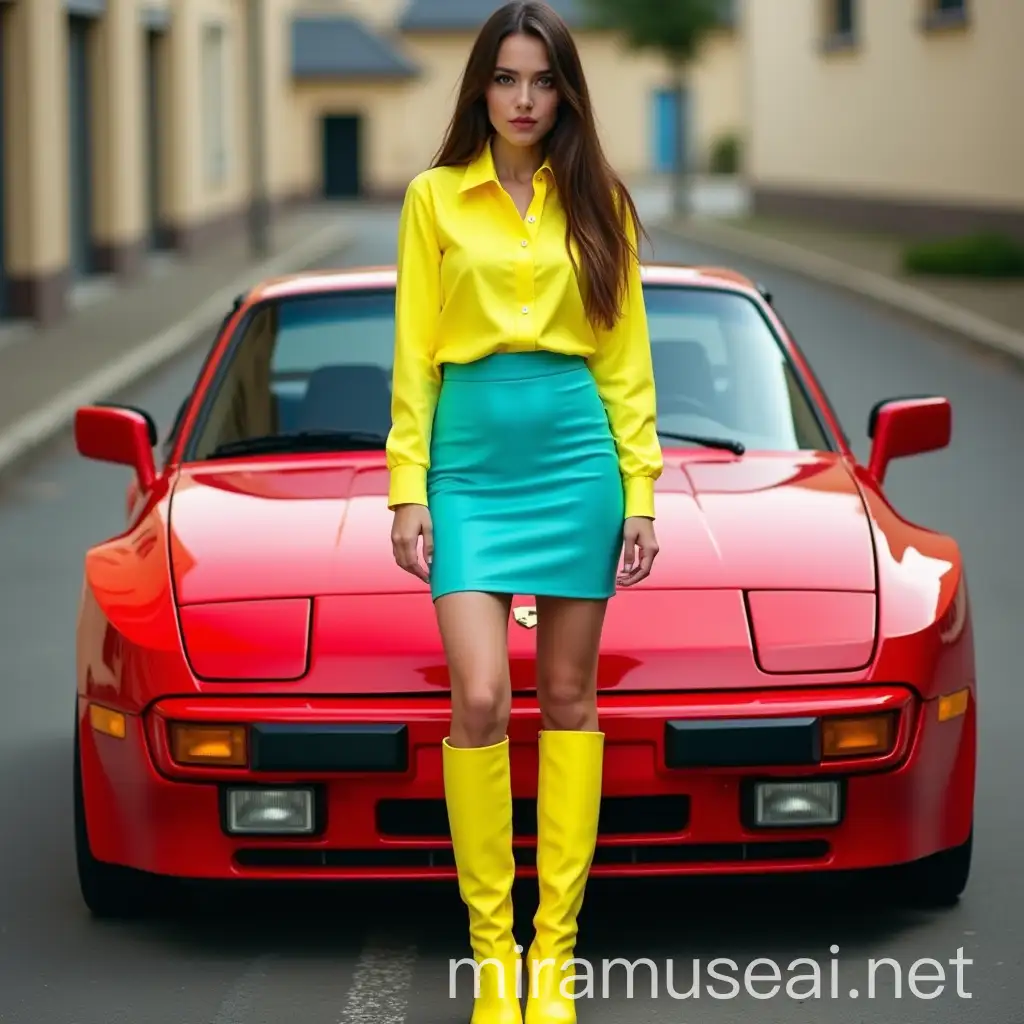 Brunette Girl in Yellow Outfit Beside a 1986 Porsche 944 Turbo