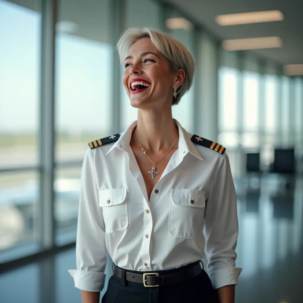 white norvegian pilot lady, in white deep-necked pilot shirt, laughing with her mouth open, red lipstick accentuating her smile,belt on waist, big wide hips, chest are fully grown, jewerly, short hair, HD, enjoying at airport , photo-realism