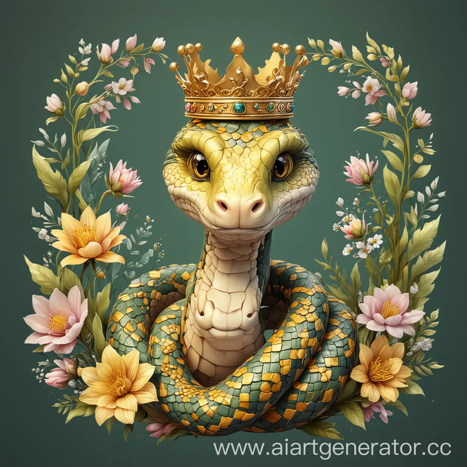 Golden-Snake-with-Crown-and-Flowers-in-Cartoon-Style