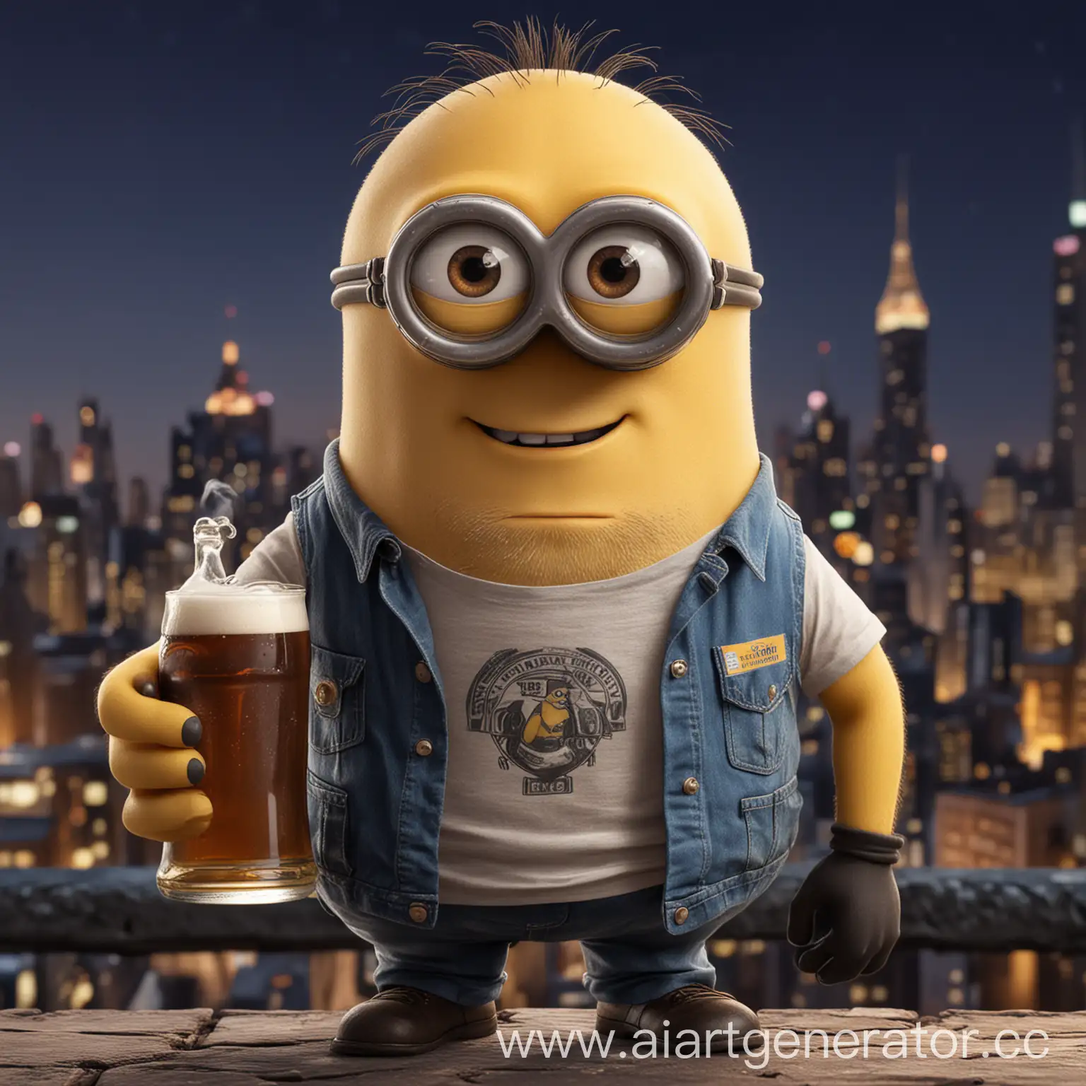 Minion-Character-with-Beer-in-Night-City-Scene