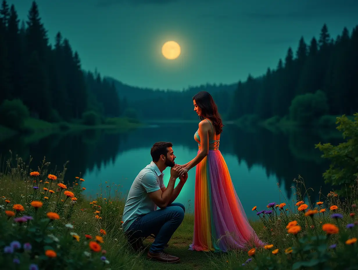 A man in deep love wearing casual, in the green forest at night.  Forest full of colorful flowers. Big lake behind man. Man kneeling down, kissing women's hand & Women standing in long rainbow dress. Bright yellow Moon in the sky on right of couple.