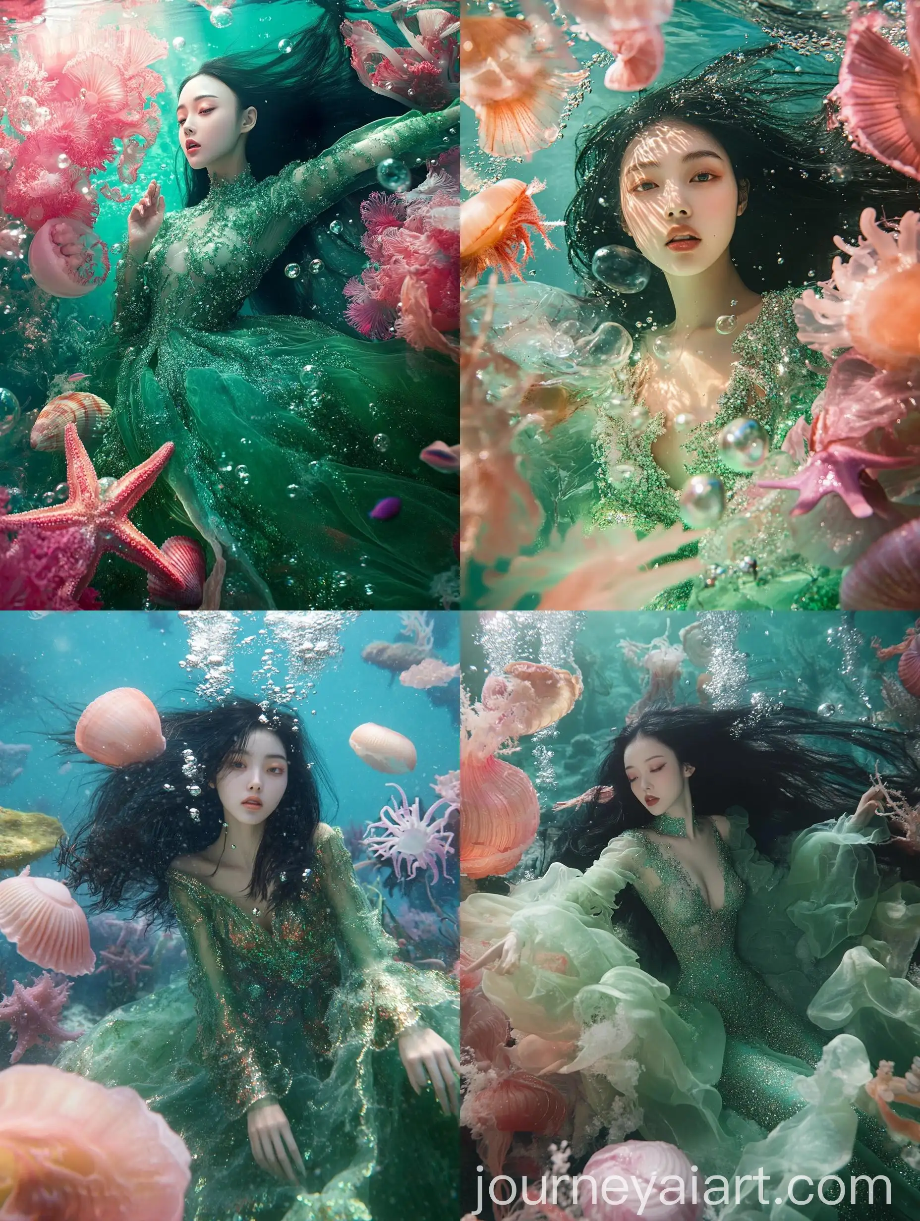 Asian-Woman-in-Green-Flaming-Dress-Emerges-from-Glowing-Treasure-Box-Underwater