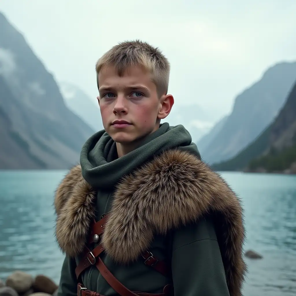 16 year old Viking boy by a fiord